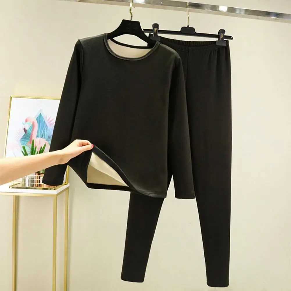 Women's Thermal Underwear 2-piece/set top pants set thick plush round neck long Slve thermal underwear set elastic waist and cold proof pajamas s