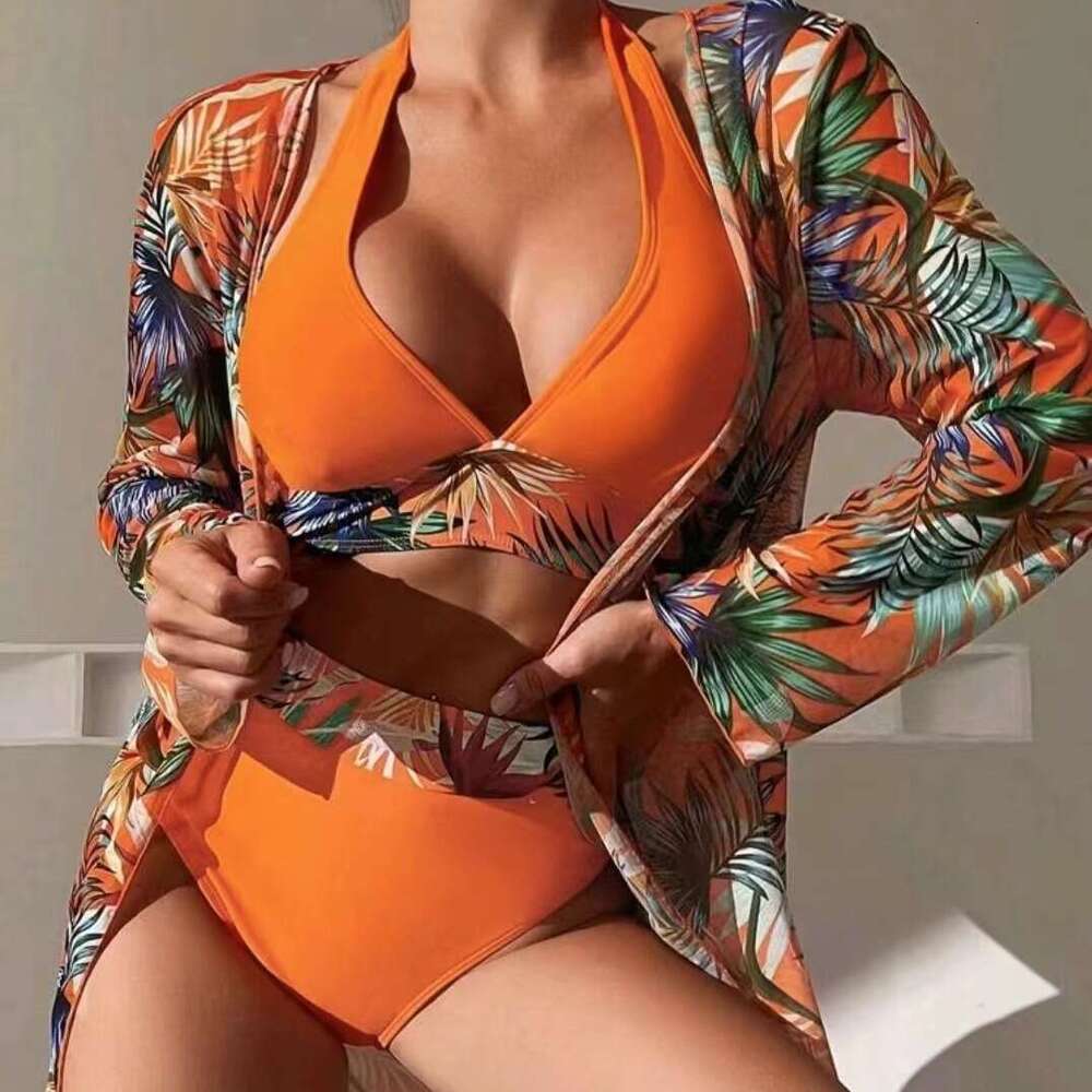 New Sexy Bikini Mesh Three Piece Set 2024 Gathering Split Print Swimsuit For Women