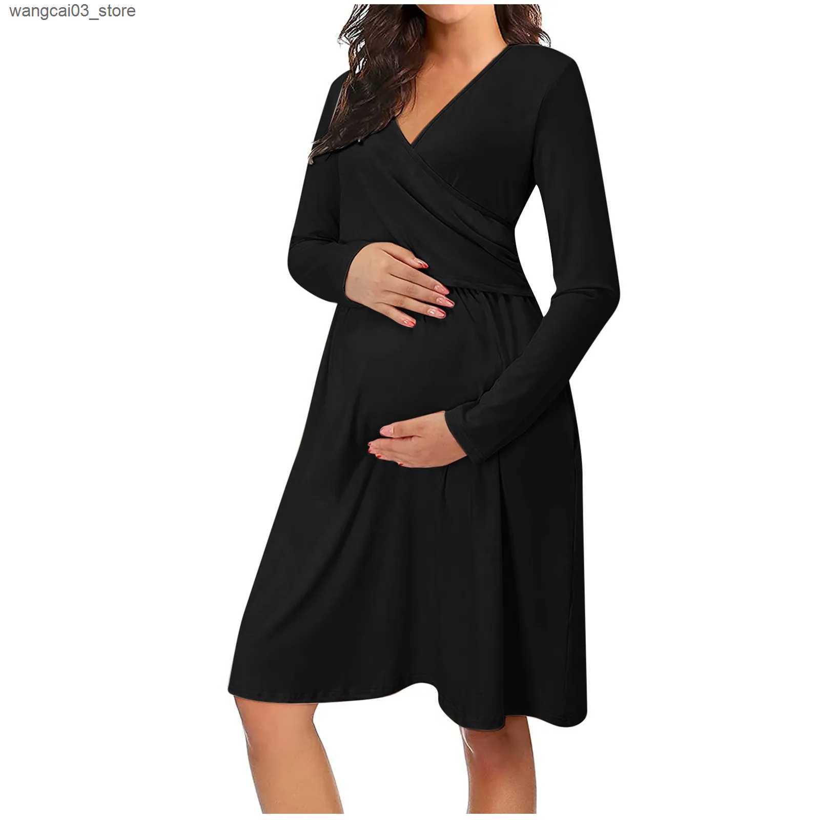 Maternity Dresses Pregnant Breastfeeding Dress With ket Casual Solid Color V-Neck Long Sleeve For Breastfeeding Dress Pregnancy Dress Vestidos L240910