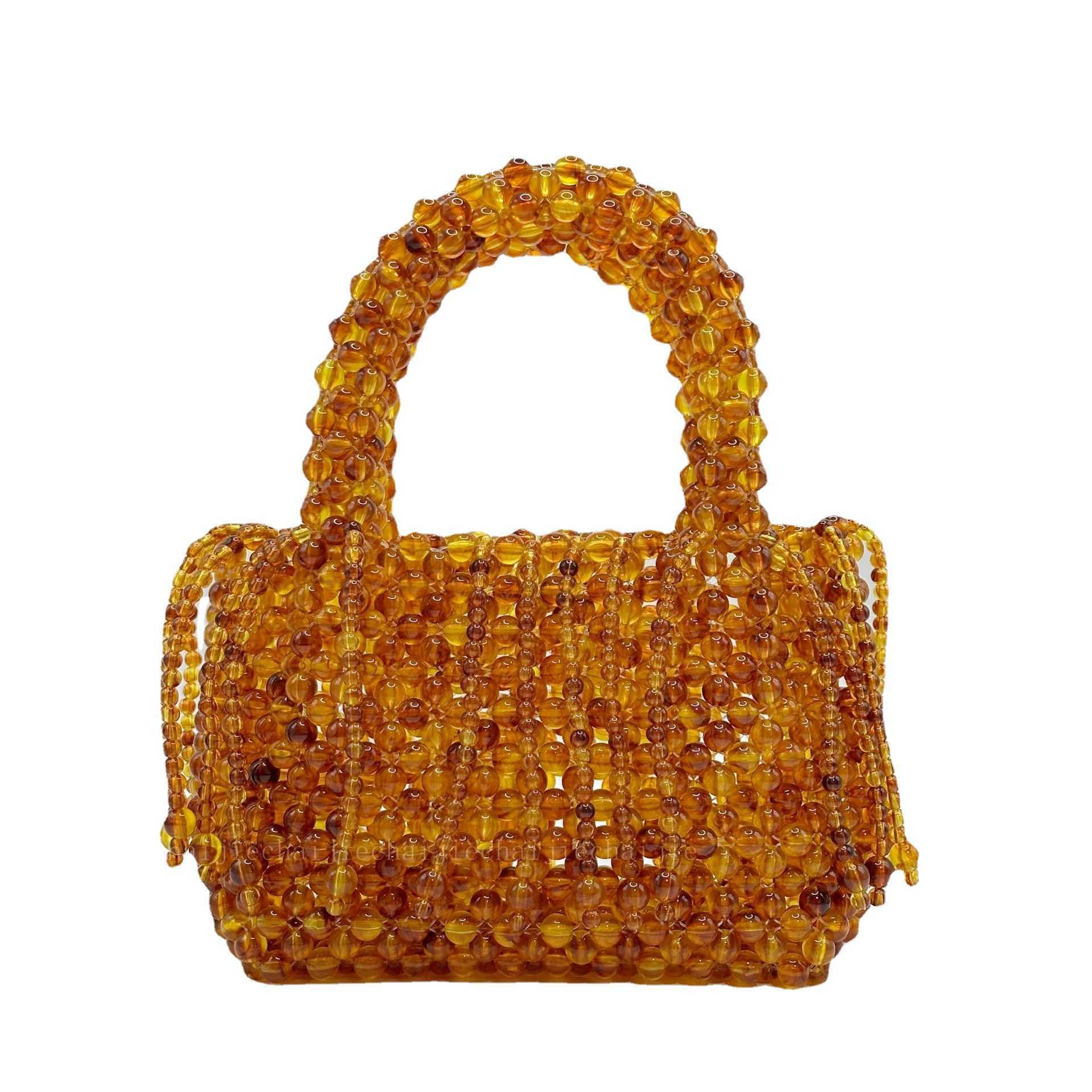 tone Amber Acrylic Cat Eye Bead Tassel Handmade Beaded Woven Bag Handbag 241015