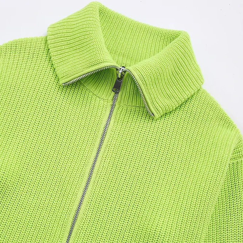 Knitted Cardigan Sweater Fashion Zipper Long Sleeve Sweaters Coat Autumn 2024 Turn Down Collar Womens Casual Cardigans 241007