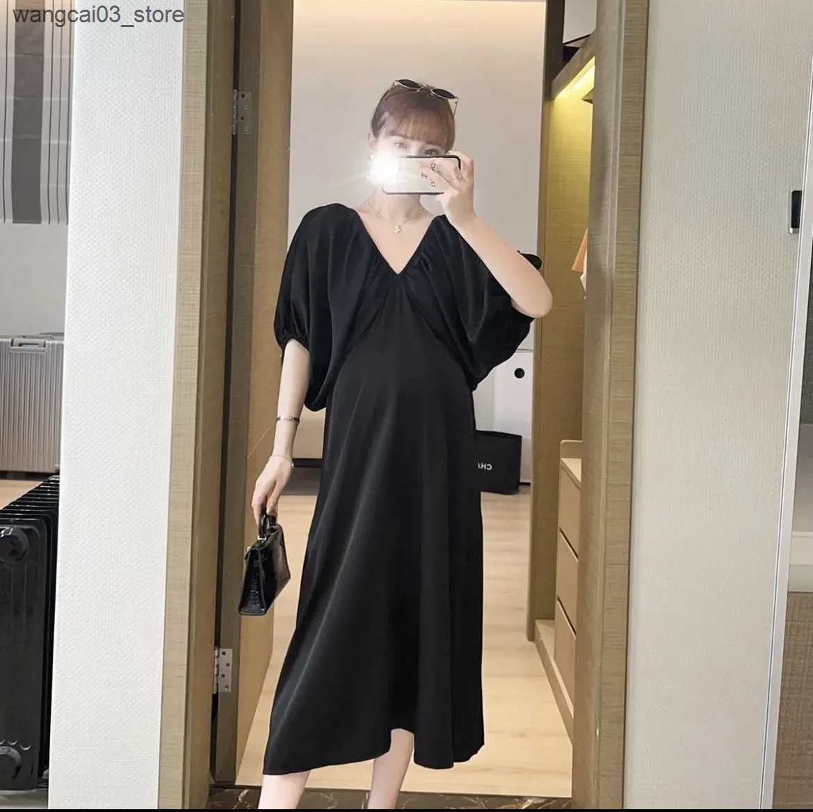 Maternity Dresses Japanese Style Maternity Chiffon Dress Puff Sleeve V-neck Plus Size Pregnant Woman Summer Clothes Pregnancy Long Loose Dresses L2409