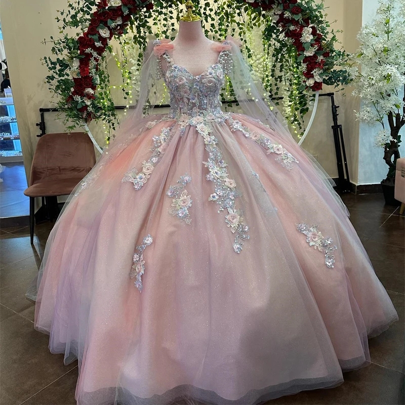 Sparkly Pink Princess Ball Gown Quinceanera Dresses Appliques Spaghetti Strap Sweetheart Sequined Vestidos De 15 Anos Sweet 16 Dress