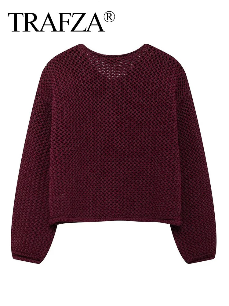 TRAFZA Women Hollow Out y Knitted Cardigans 2024 Female Long Sleeve Metal Buttons Short Sweater Crop Top Knitwear Outerwear 241007