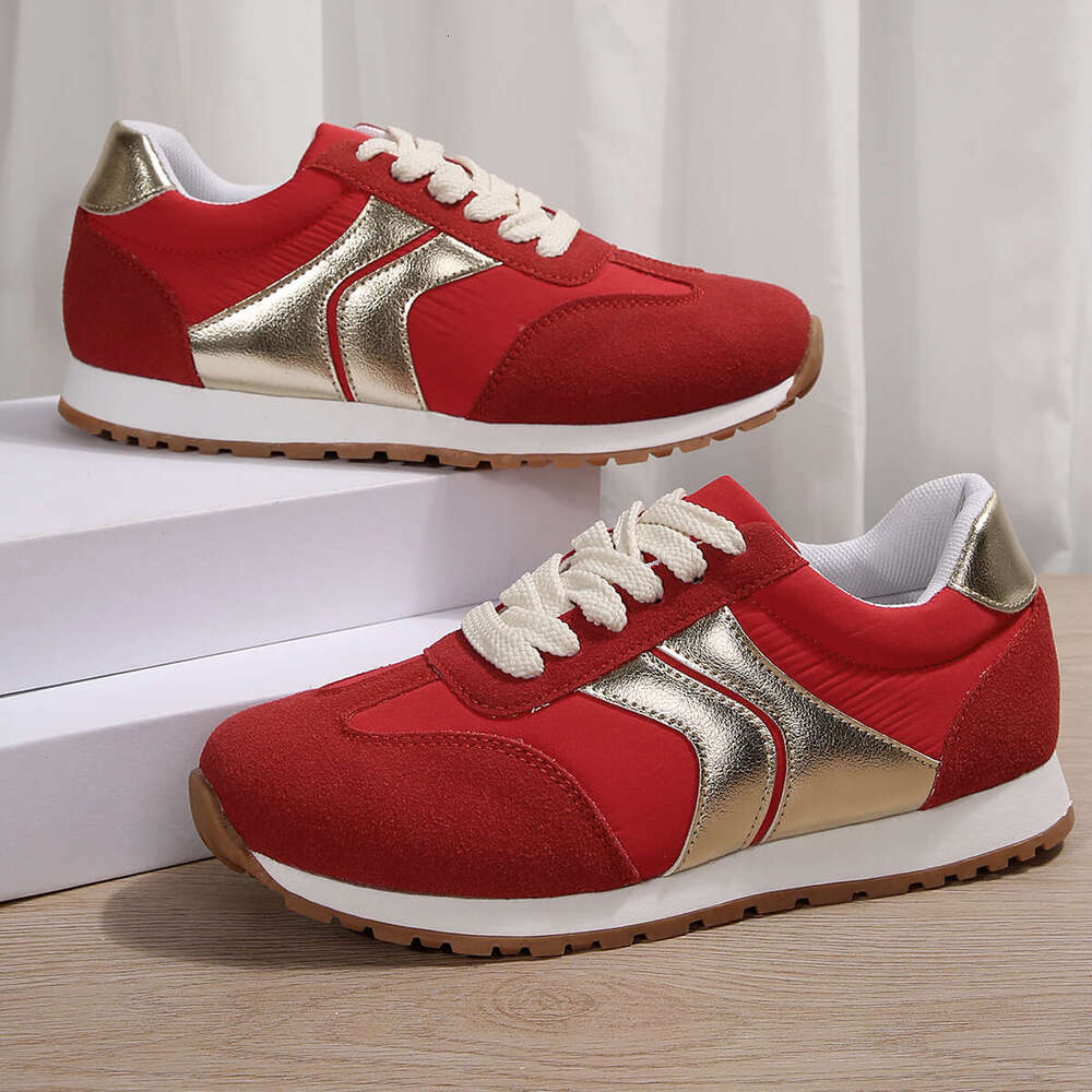 Autumn Fashion Lace Up Women Flat Casual Comfortable Walking Shoes Woman Lightweight Non Slip Red Sneakers Plus Size 43