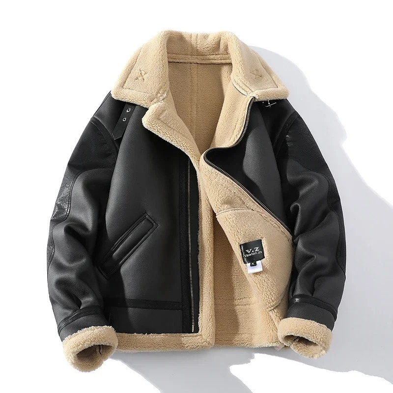 Mens leather thick jacket winter warm coat patch work artificial cashmere fur lapel coat plus size M-5XL 240930