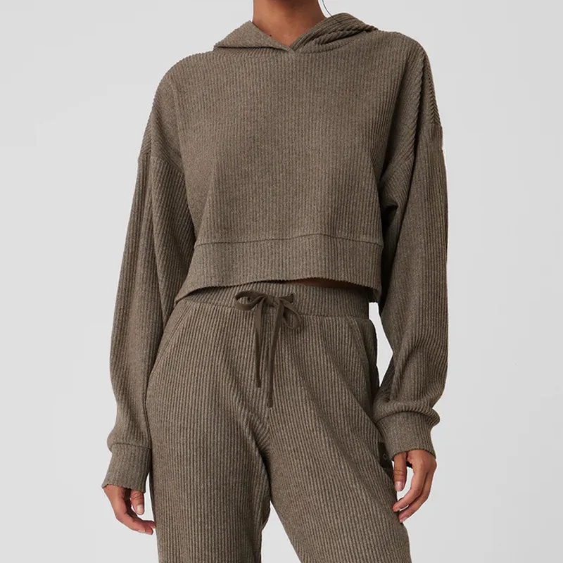Vt1012 Corduroy Sports Yoga Two Piece Set Hooded Loose Fiess Sweatshirt Workout Hoodie Long Sleeve Pants Women Jogger Suit Gym Tracksuit