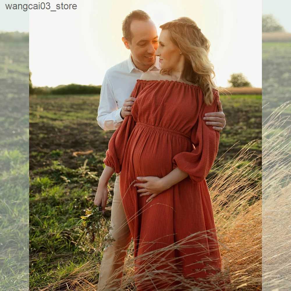 Maternity Dresses Maternity Photography Gown Comfort Bohemian Dress Boho Style Baby Shower Dress Linen Cotton One Shoulder For Pregnant Women L240910
