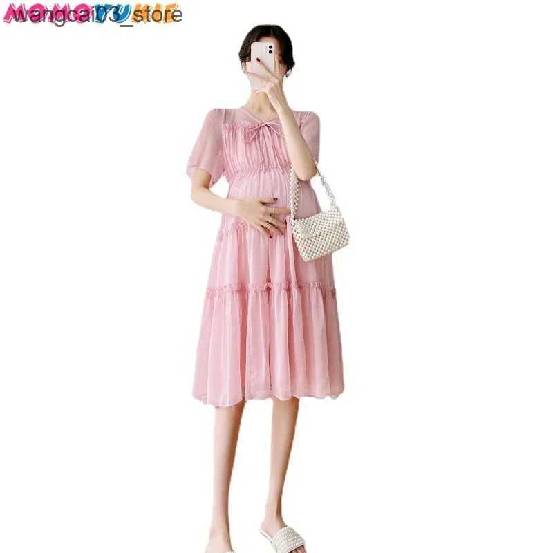Maternity Dresses 2022 New Fresh Fairy Maternity Solid Chiffon Cake Dress For Summer Pregnancy Clothes V-Neck Knee-Length Pregnant Vestidos L240910