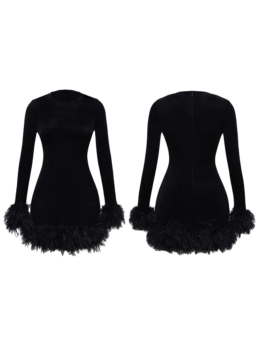 Womens formal velvet feather decorated mini dress elegant plush hem cocktail party sexy tight fitting long sleeved club Y2k 90s 241007