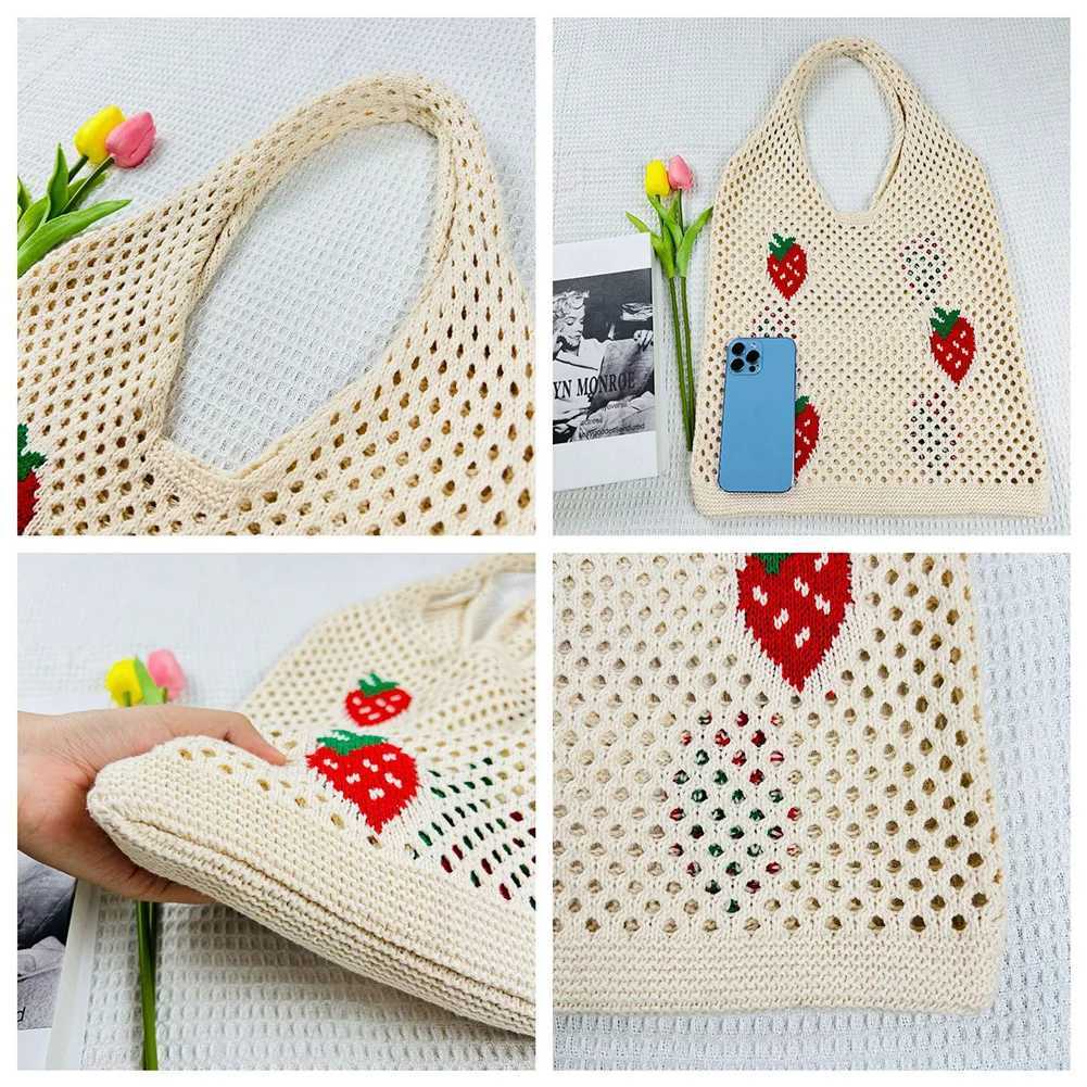 Womens Fashion Strawberry Cherry Pattern Crochet Handbag Large Capacity Shoulder Bag Casual Handbag Cute Fashion Bag Knitted Bag Y241011