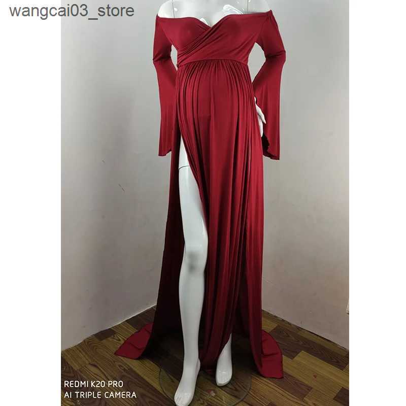 Maternity Dresses Flare Sleeve Maternity Dresses Photoshoot Slit Long Vestidos Shoulderless Baby Shower Dress for Pregnant Woman Photo Session L240910