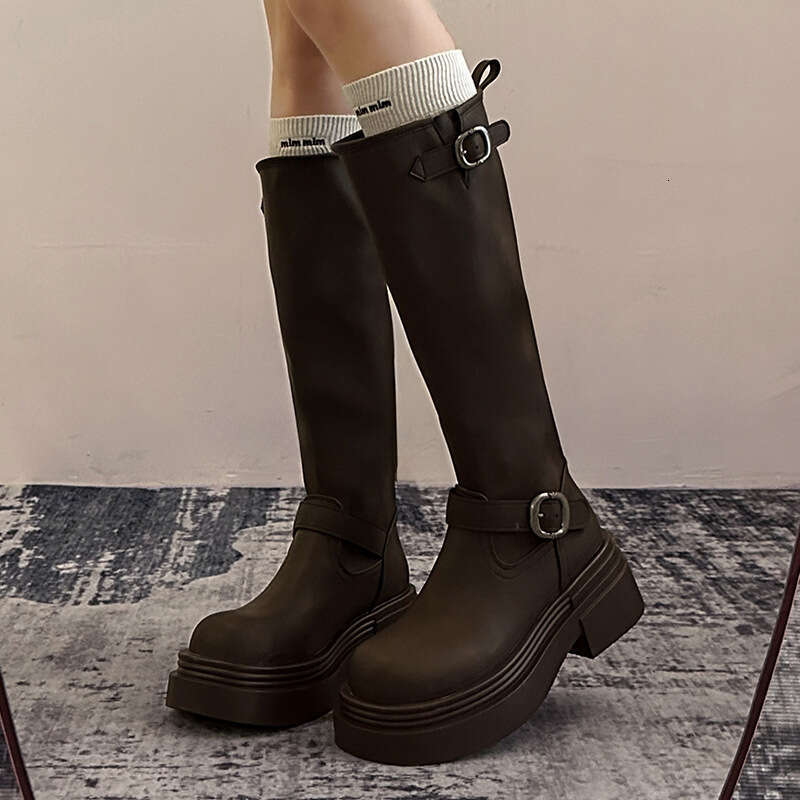 Designer Boot Versatile Thick Heel Tall Boots For Women 2024 Autumn/Winter New Style Belt Buckle Brown Small Thick Bottom Boots Knight Fashion Boots F