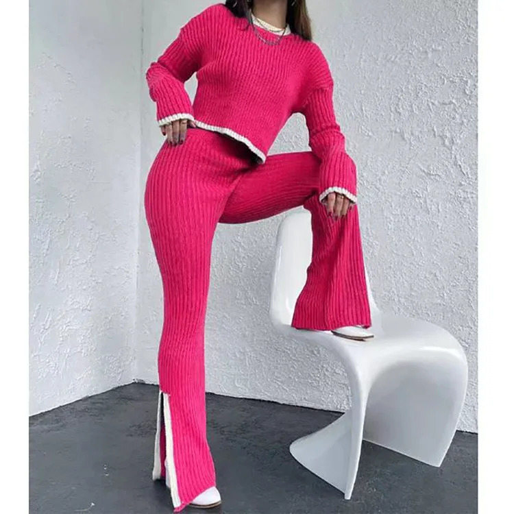 Fashion and fashionable color matching knitted pants set for womens short top ultrathin high waisted seam Trouser twopiece 241008