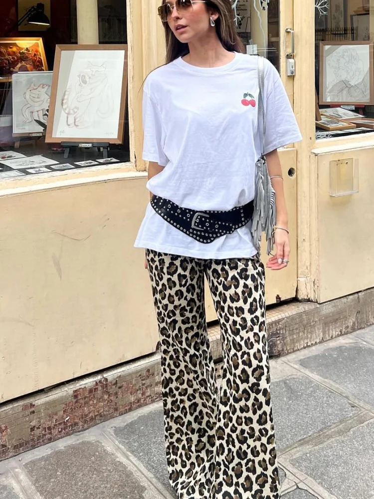 Vintage Leopard Women Pants Casual Lace Up Wide Leg High Waist Loose All-match Trouser 2024 Summer Fashion Lady Y2k Streetwear 241011