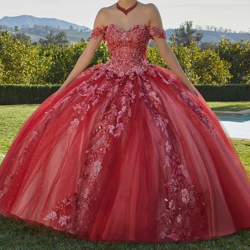 Gorgeous Red Quinceanera Dresses Sweet 16 Year Ball Gown Off the Shoulder Applique Lace Beads Tull Birthday Party Dress Vestidos De 15 Anos