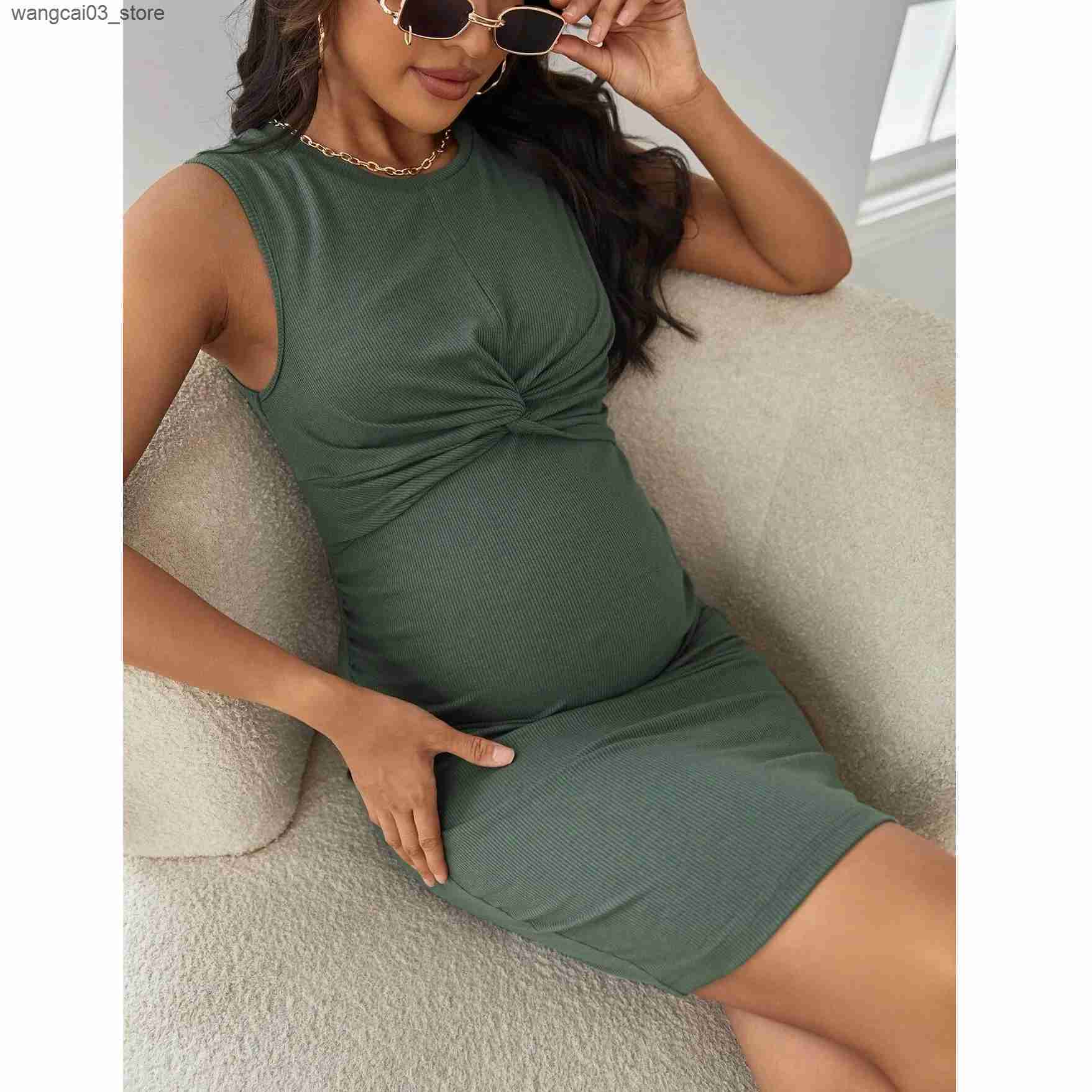 Maternity Dresses 2023 Summer Premama Green Dress Casual Solid Sleeveless Tank Sundress For Pregnant Women Clothing Maternity Sexy Twisted Dresses L24