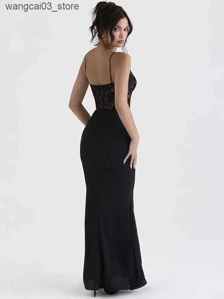 Maternity Dresses Elegant Lace Spaghetti Strap Bodycon Sexy Maxi Dress for Women Black Sleeveless Backless Club Party Sexy Long Dress L240910