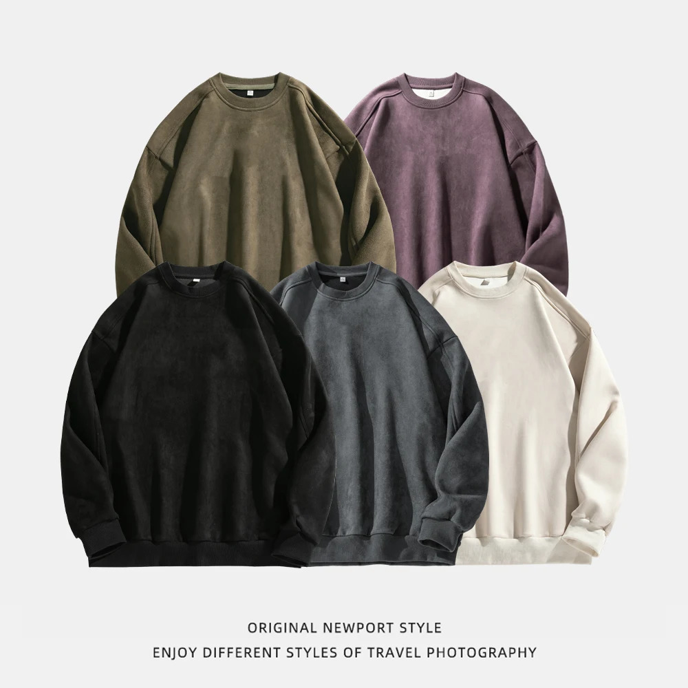 Sweatshirt Mens Fall Winter American Retro Trend Suede Texture Sweater Women Solid Color Fashion Casual Pullover Hoodie 241011