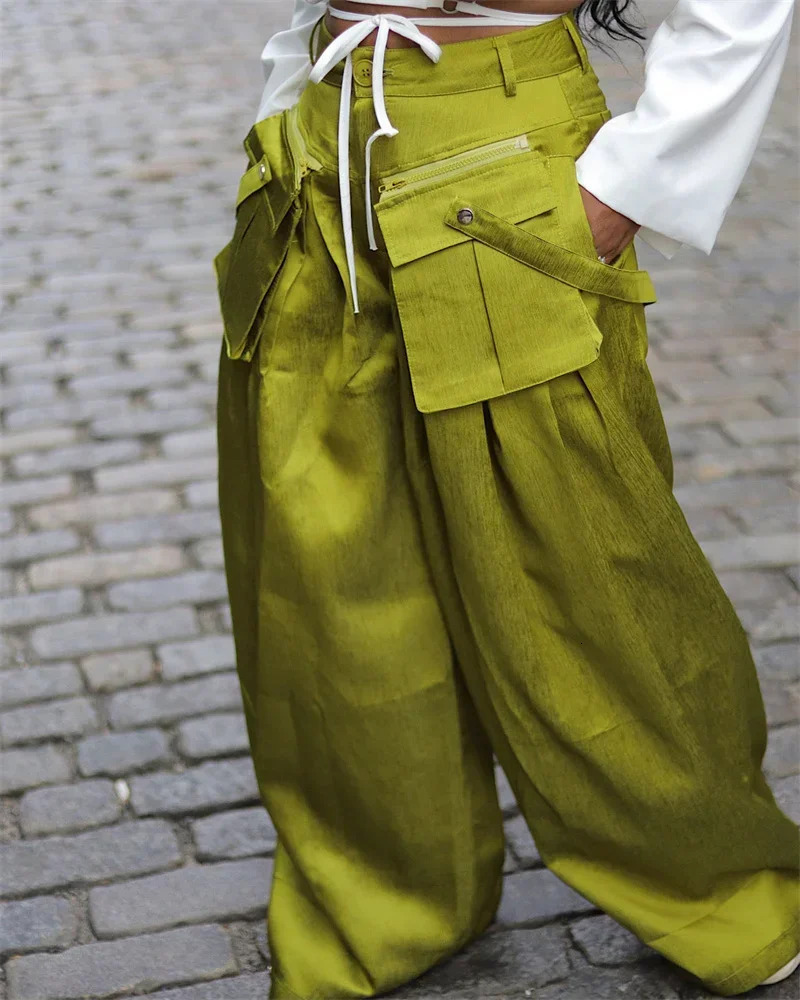 Fashion Streetwear High Waist Removable Pockets Wide Leg Pants For Women INS Hip Hop Casual Loose 2024 Spring Summer Trousers