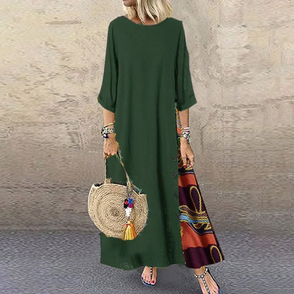 Summer vintage Maxi dress womens loose fashion ethnic style casual womens dress long robe womens cotton linen long skirt 241010