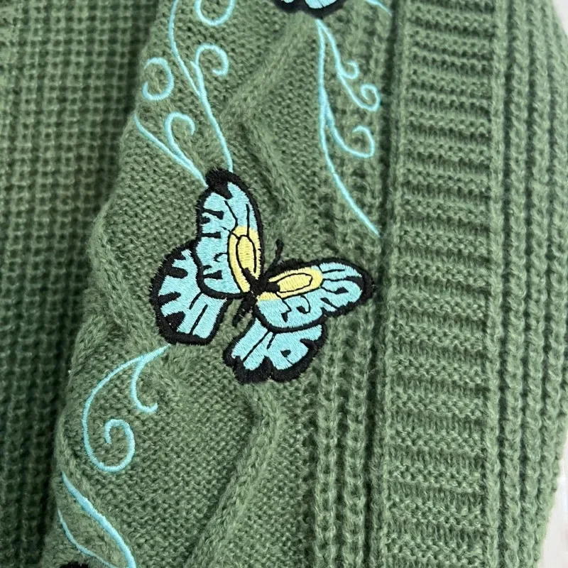 Dark Green Cardigan with Butterfly Embroidered Female Autumn Winter Letter Patch Knitted Women 2024 Sweaters Tops 241007
