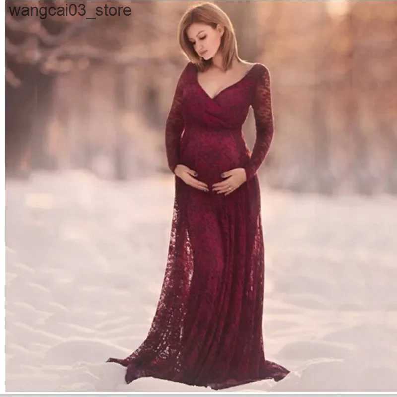 Maternity Dresses Red Wine V-Neck Long Sleeve Maternity Photography Props Maxi Pregnancy Clothes Lace Dress Fancy Shooting Photo Pregnan L240910