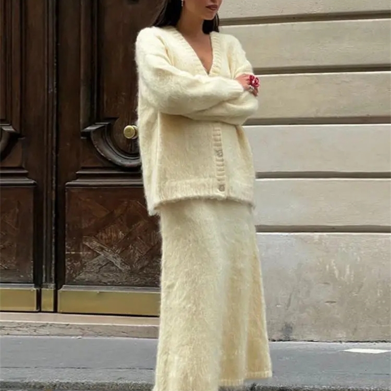 Elegant Solid Mohair Skirt Set Autumn Knit V Neck Cardigan Sweater 2 Piece Female Loose Long Skirts Fashion Party Suits y241010