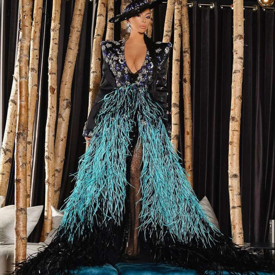 Unique Mix Color Feather A-e Evening Dresses 2024 Saudi Arabic High Side Split Crystal Formal Gowns Full Sleeves Prom Dress