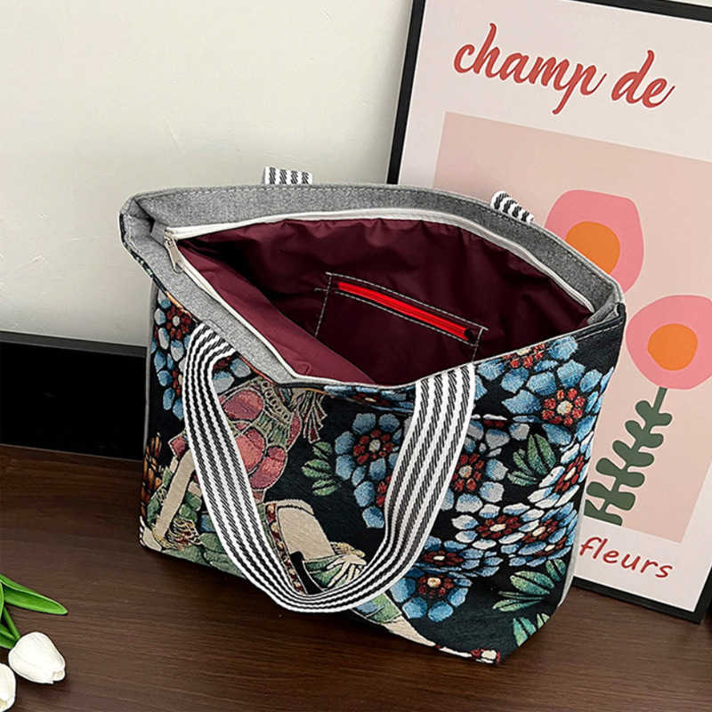 women's bag, embroidered fashion trend, large capacity canvas bag, shopping and working women's shoulder bag 241015