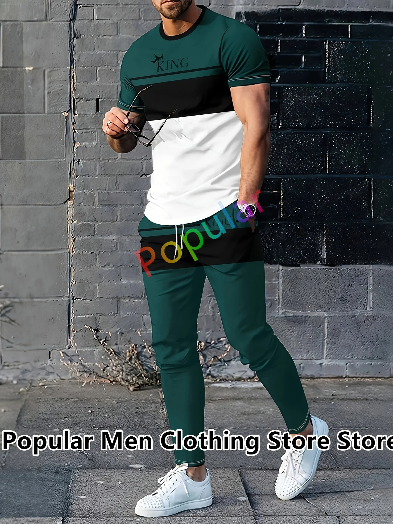 2-piece mens track and field outfit graffiti 3D printed T-shirtlong pants casual suit Jooger sportswear streetwear 241008