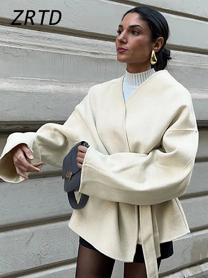 Elegant Fleece Coat With Belt Women Loose Vneck Long Sleeve Lace Up Patchwork Jacket 2024 Autumn Winter Solid High Street Coats 241008