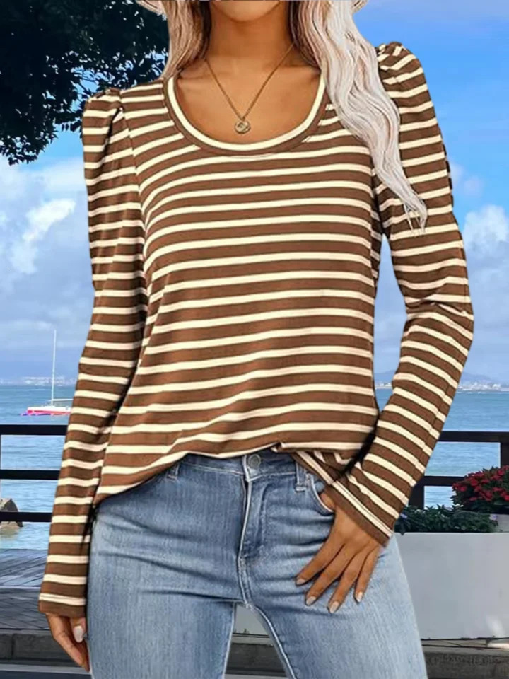 Womens Long Sleeved Round Neck Puff Sleeve T-Shirt European And American Black White Striped Puff Sleeve Casual Fall Streetwear 241011