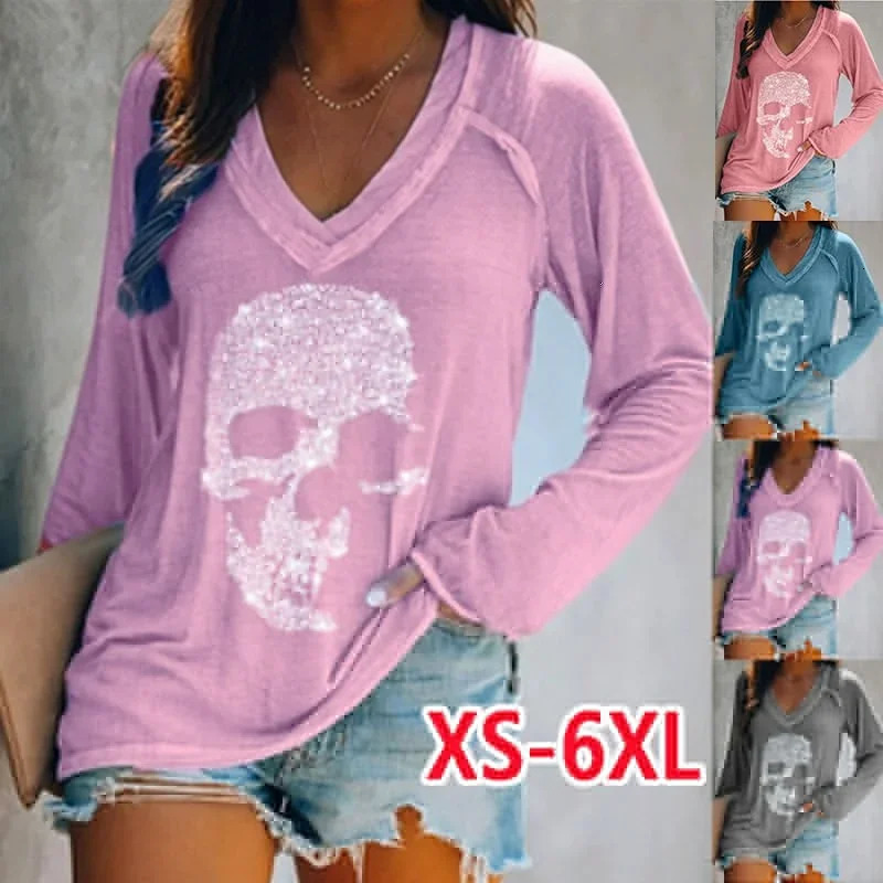 Womens Autumn Winter Fashion Clothes Casual Long Sleeved Tshirt Loose Skull Printed Blouse Ladies Vneck Shirts Cotton Tops 241011