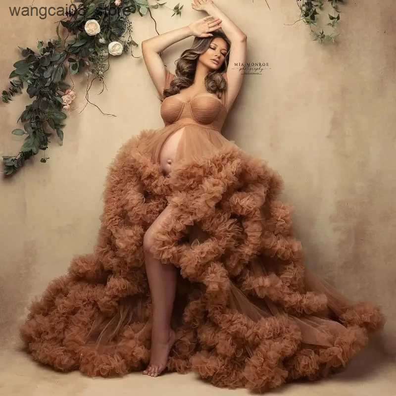 Maternity Dresses Romantic Off Shoulder Maternity Photoshoot Dress Front Slit Brown Tulle Prom Dresses Tiered Ruffles Boho Baby Shower Gown L240910