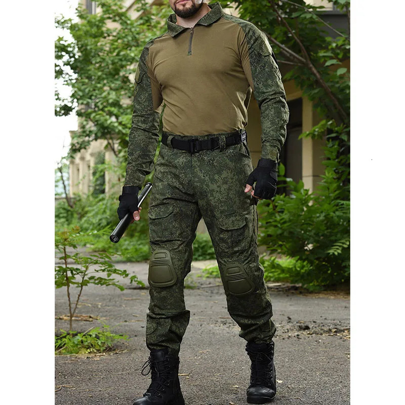 RU camouflage tactical set mens outdoor breathable long sleeved T-shirtmulti pocket straight cargo pants 2-piece set training combat set 240927