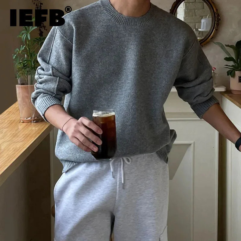 IEFB Solid Color Sweater Trend Mens Korean Style Fashion Knitwear Autumn Winter Warm Clothing Loose Round Neck Pullovers 9C2820 241007