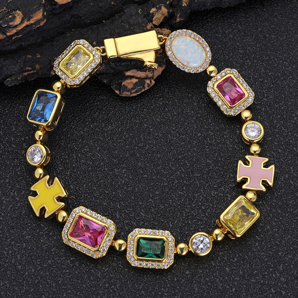 Hip Hop Cross Tennis Chain Necklaces Bracelet Colored Gemstone Jewelry Men Women