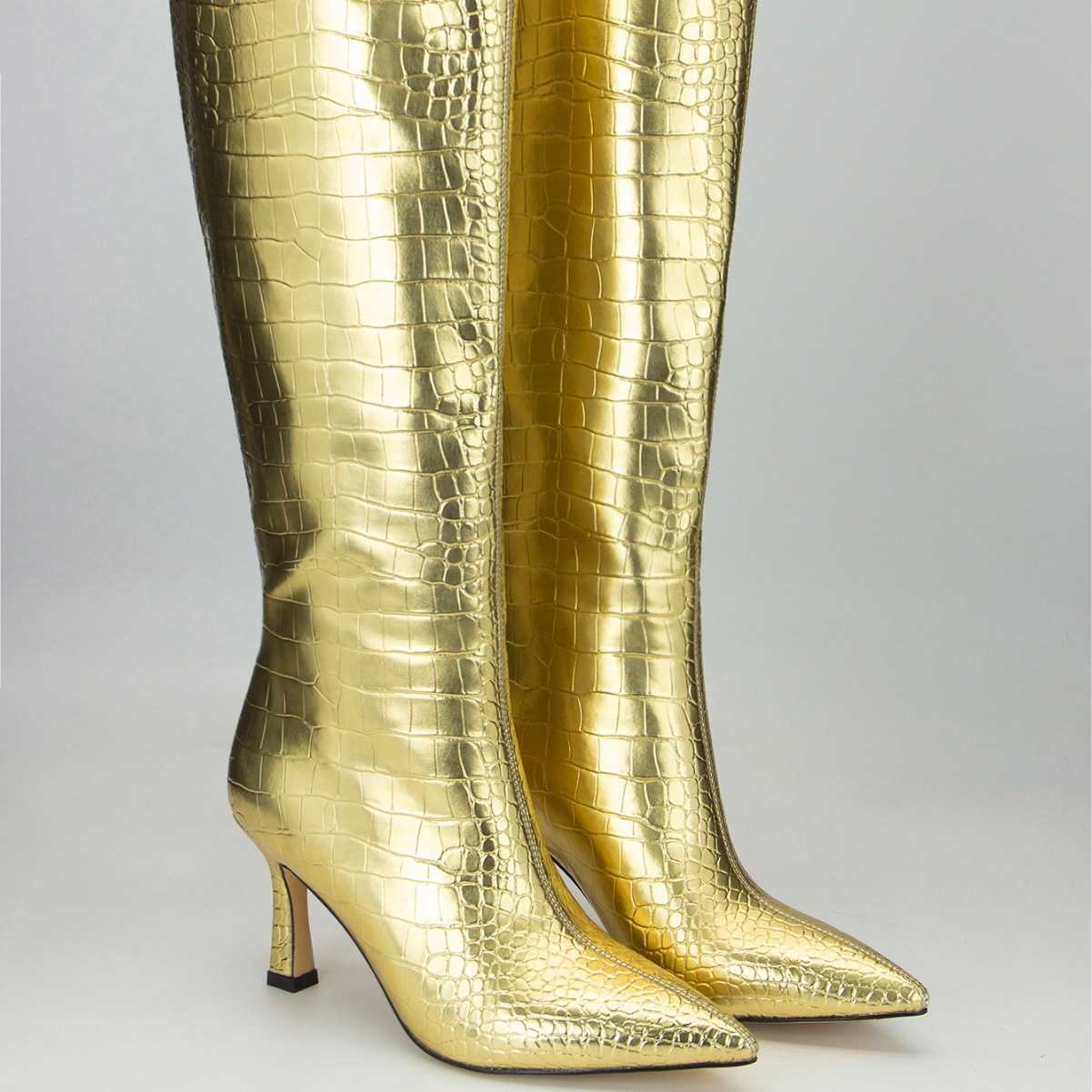 Gold Crocodile Pattern Fashion Boots Show Knee Thigh High Heel Women Martin Boots Leather Ankle Boots Winter 240826