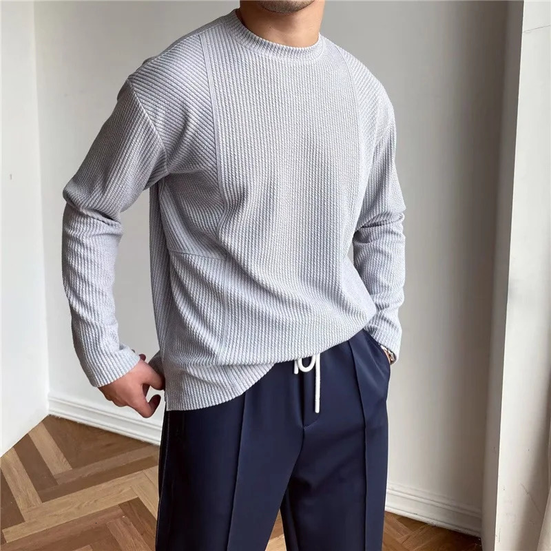Spring Autumn Casual Fashion Solid Loose T-shirt Man Long Sleeve All Match Korean Style Patchwork Pullover Tops Tee Male Clothes 241011