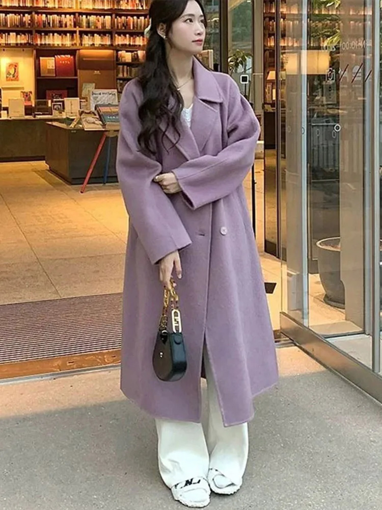 Korean double breasted long jacket for womens casual loose solid collar wool jacket for womens winter full matching chic streetwear 241007