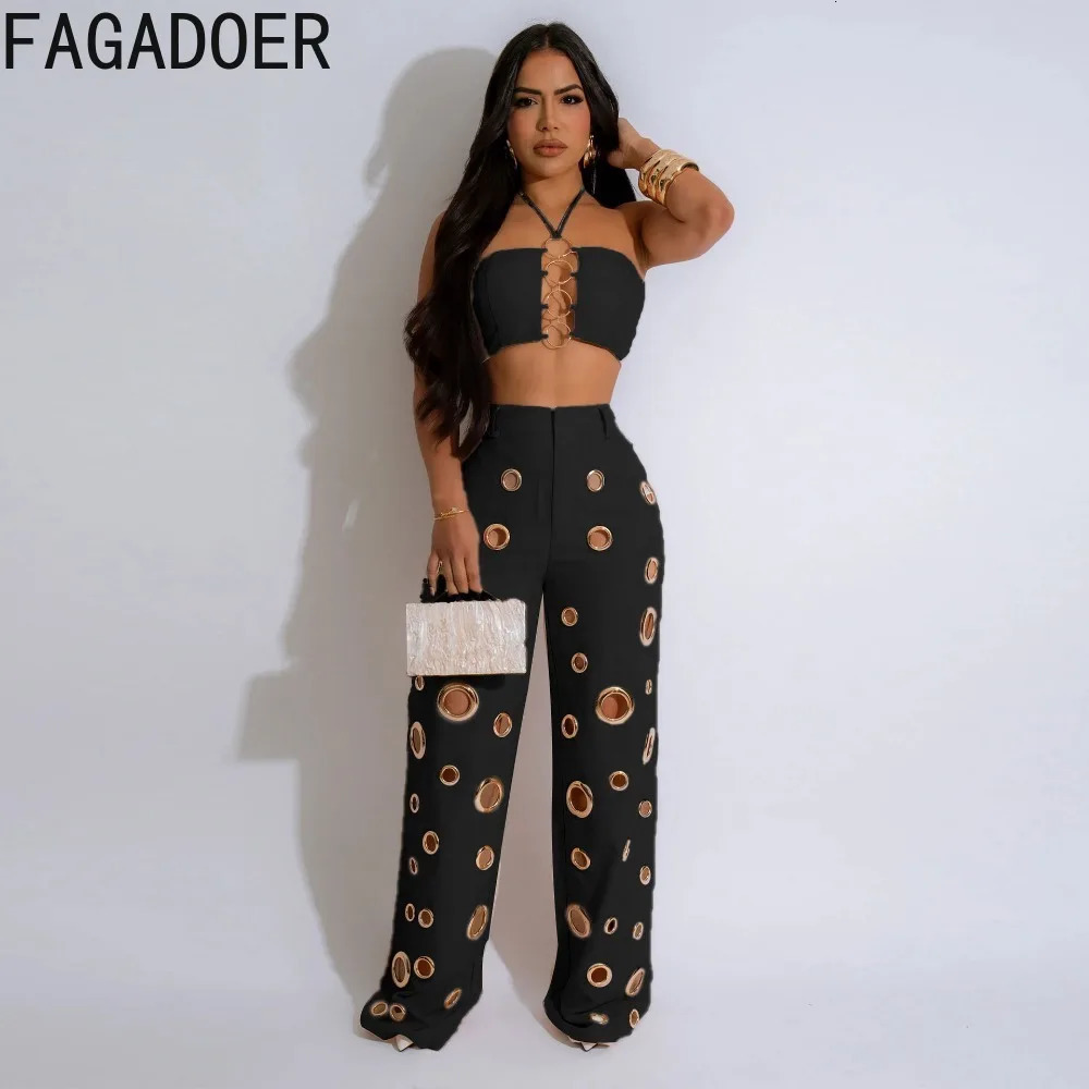 FAGADOER sexy solid hole wide leg pants streetwear womens sleeveless backless crop top and twopiece set 241008