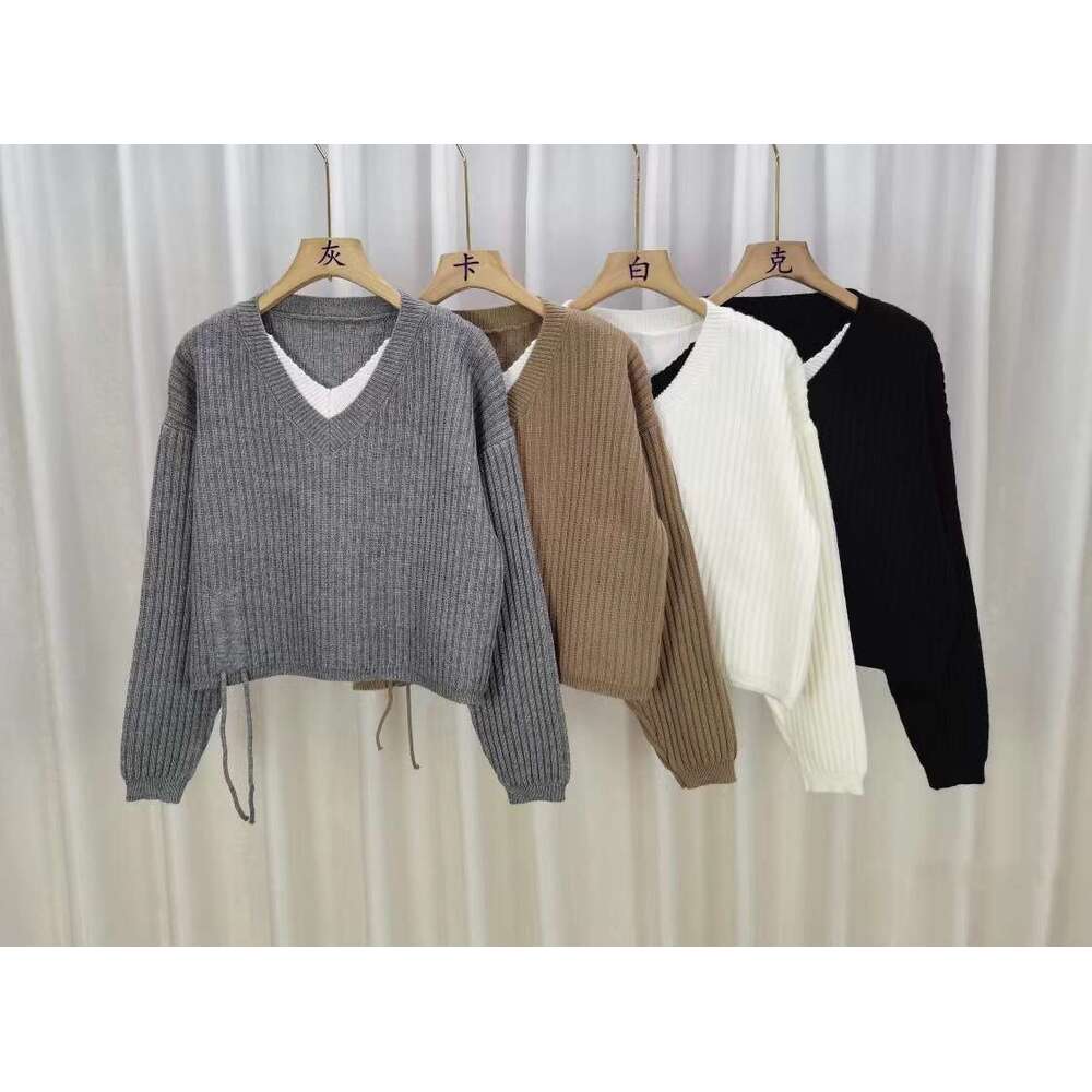 French V-neck fake two piece knitted sweater for women in autumn 2025 new style, slim and versatile, drawstring tied loose top trendy