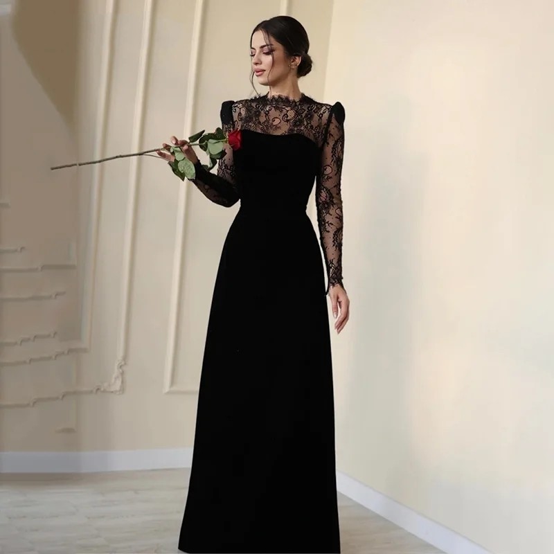 Black Sexy Lace Evening Dress High Neck Long Sleeve Satin A E Prom Formal Gowns Custom Made Robe Soiree Vestidos De Noche