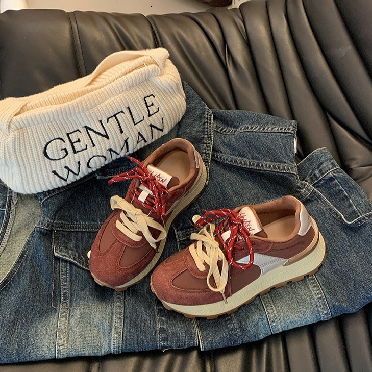 Uniquely designed waffle Forrest Gump women's 2024 autumn new item thick sole height increasing double lace up breathable single shoe