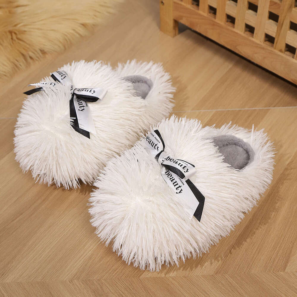 Women cotton slippers Velvet slippers Winter New Imitation Tan Sheep Long Hair Warm Women's Cotton Slippers Butterfly Knot Home Indoor