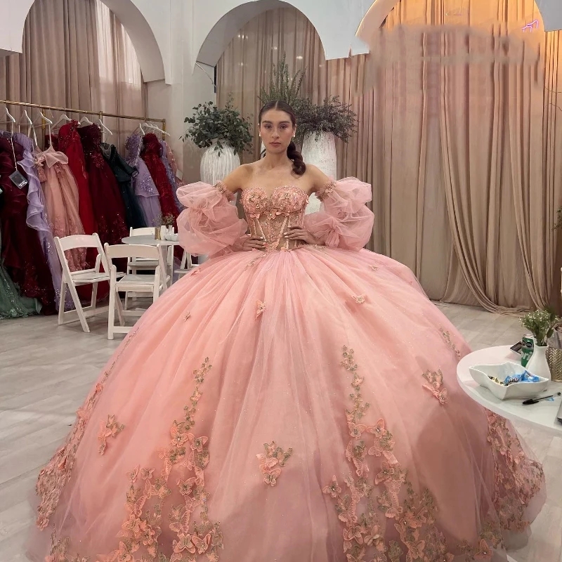 Pink Quinceanera Dresses Ball Gown Off Shoulder Sweet 16 Dress Bow Beads Tull Birthday Party Vestidos 15 De XV Anos