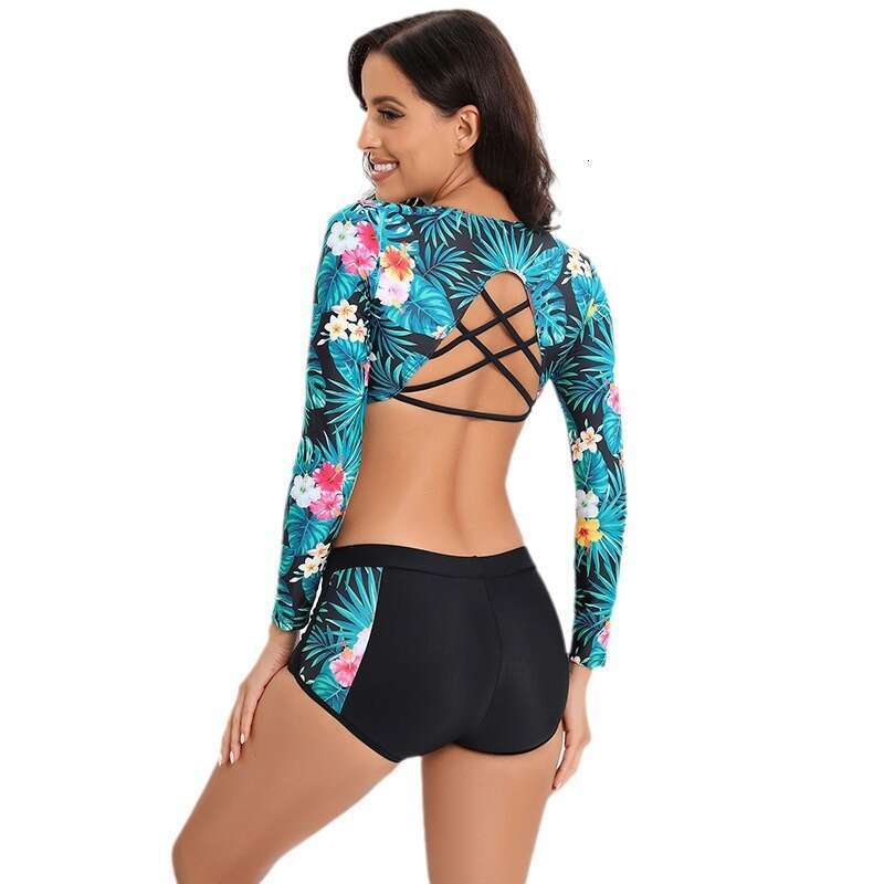 2024 Sexy Printed Long Sleeve Sunscreen Split Women's Sports Beach Bikini Swimsuit