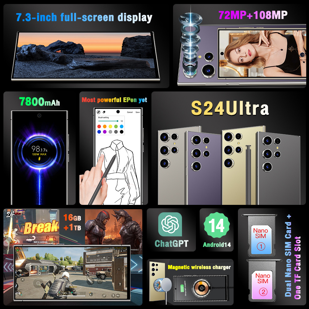 S24 Ultra Smartphone 7.3-inch HD Screen Android 14 Phone Snapdragon 8 Gen 2 CPU,16GB+1TB Cell Phone,78MP+108MP Camera Pixels 7800mAh Battery 5G Dual S
