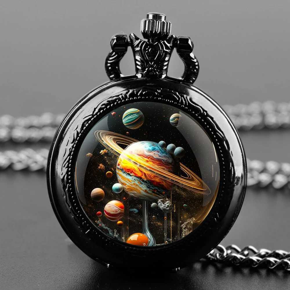 Planet World Design glass dome quartz pocket watch with durable chain Arabic numeral dial suitable for creative gifts for men and women W241010